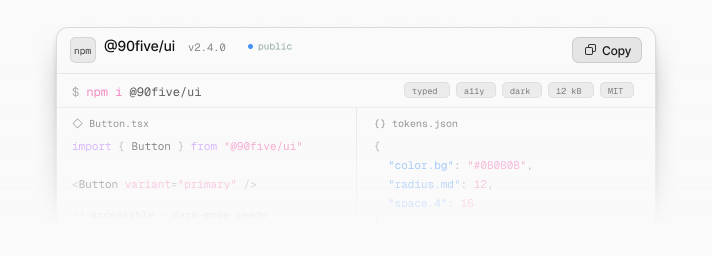 npm package with typed components and JSON tokens