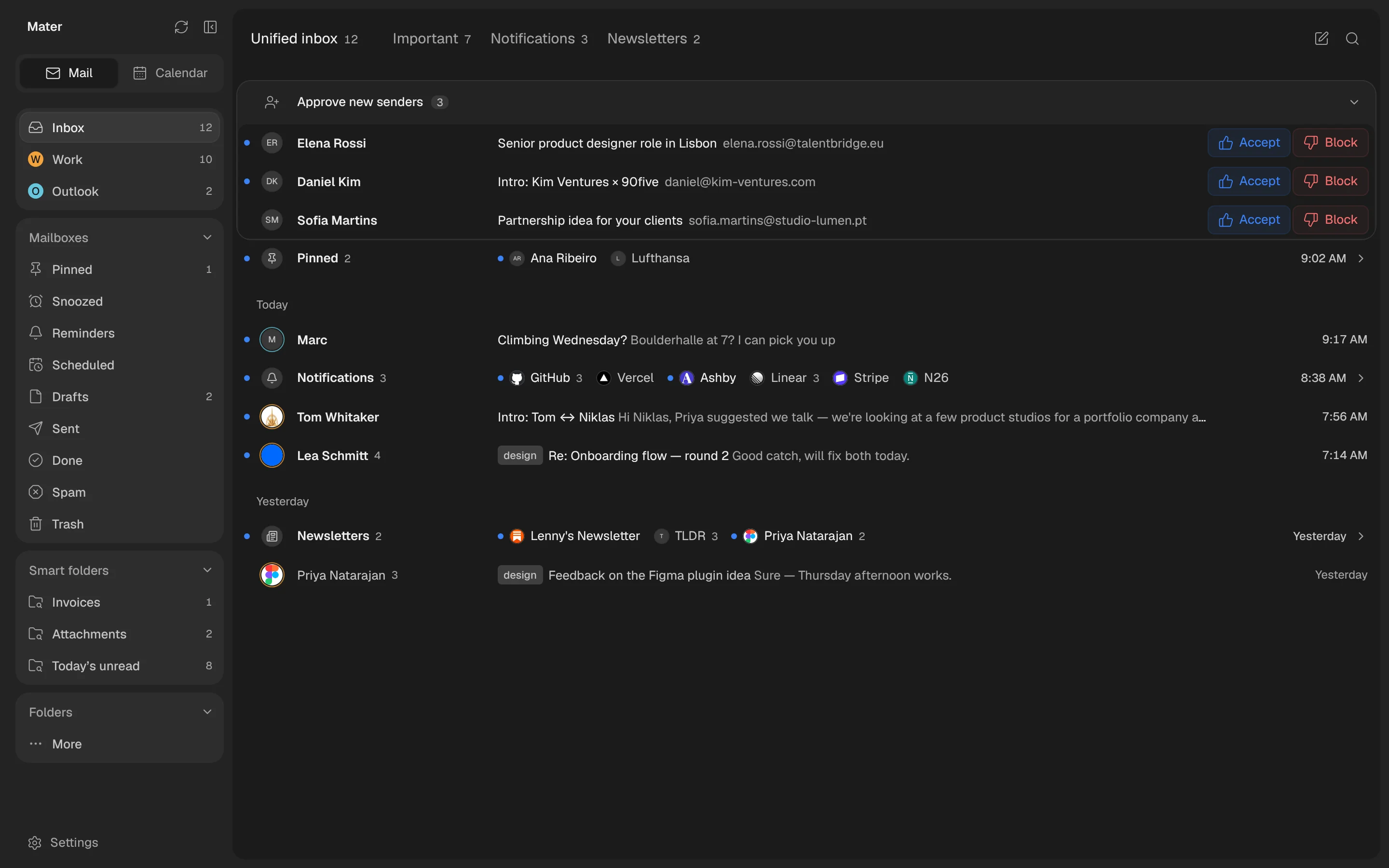 Mater's unified inbox in dark mode