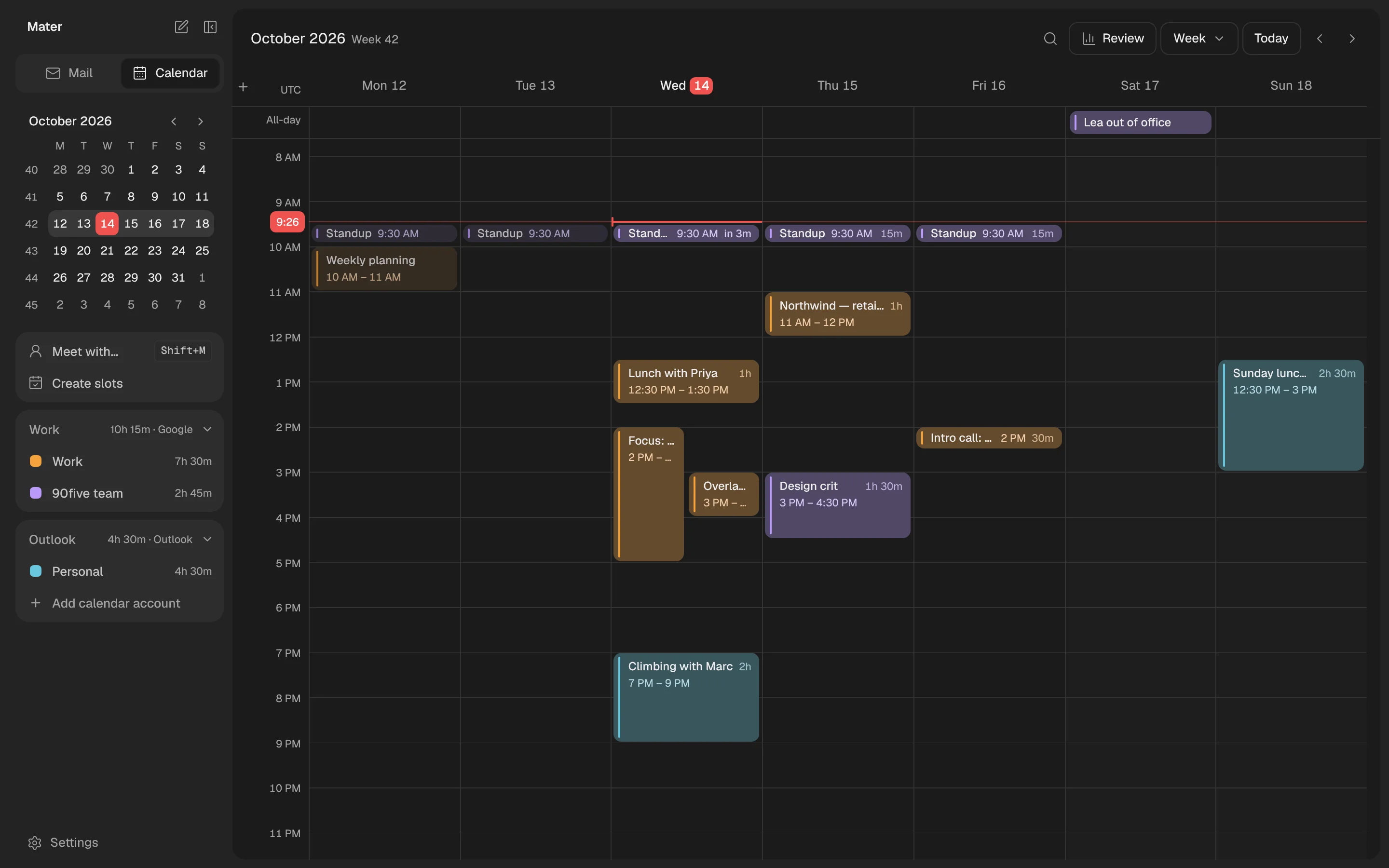 The same week view in dark mode
