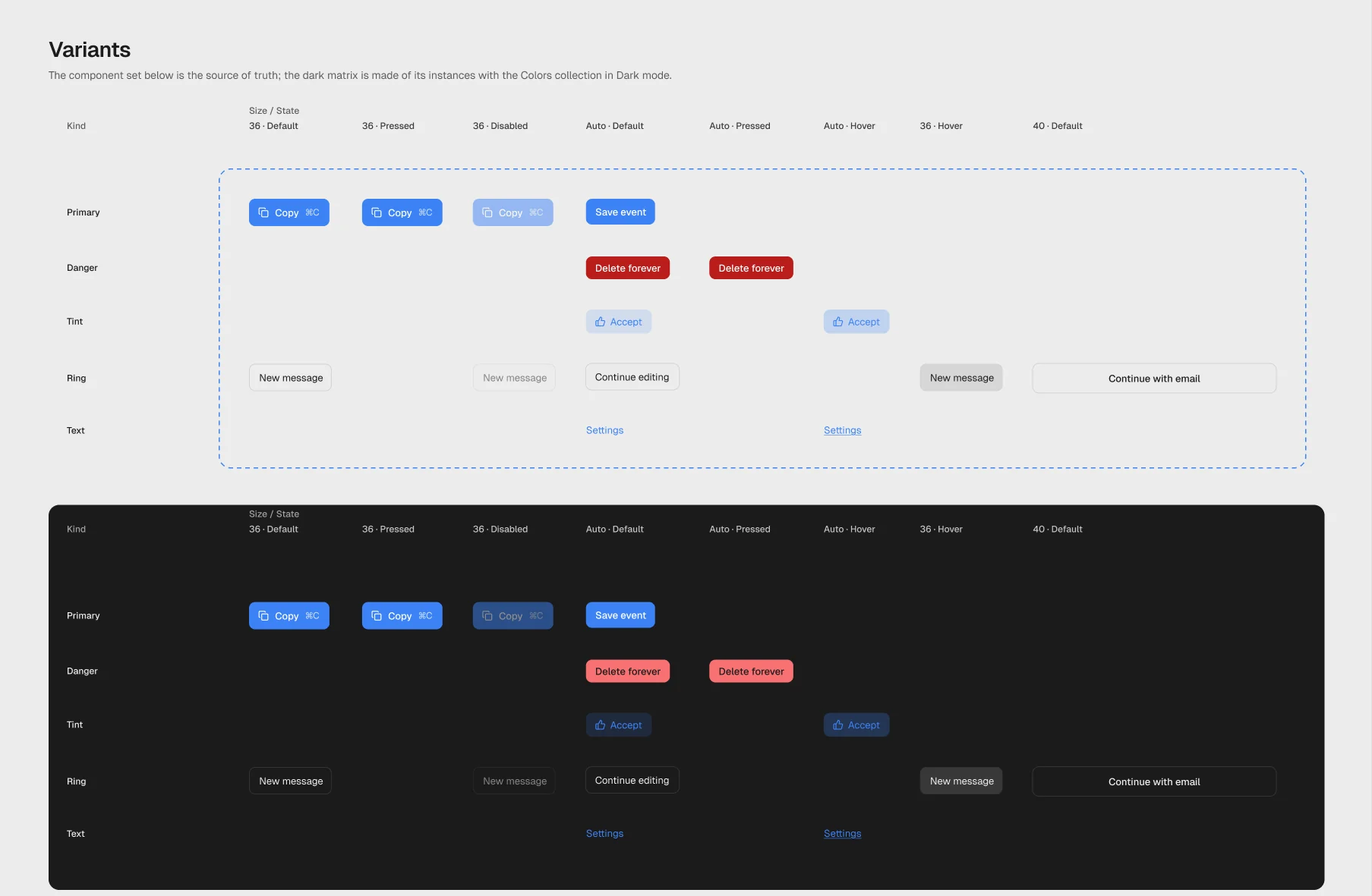 Mater's buttons: every kind, size and state in light and in dark