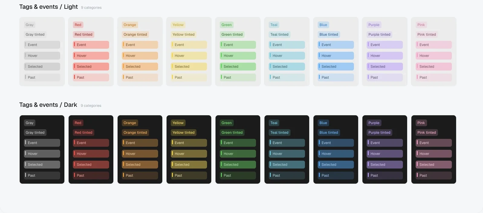 Mater's tag and calendar event colours in nine categories, each with rest, hover, selected and past states, in light and dark